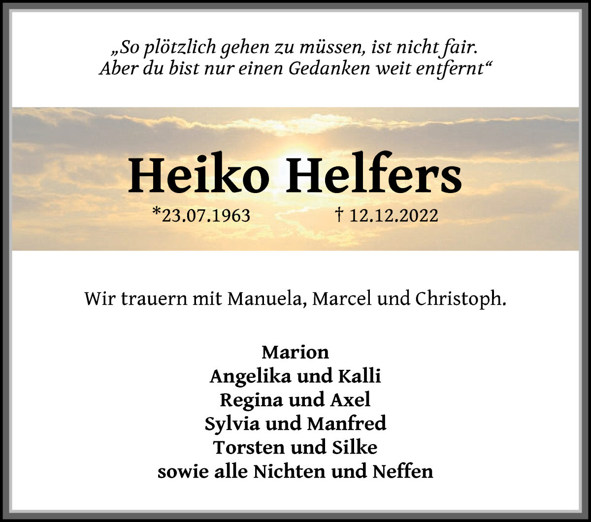  Traueranzeige für Heiko Helfers vom 17.12.2022 aus Die Norddeutsche