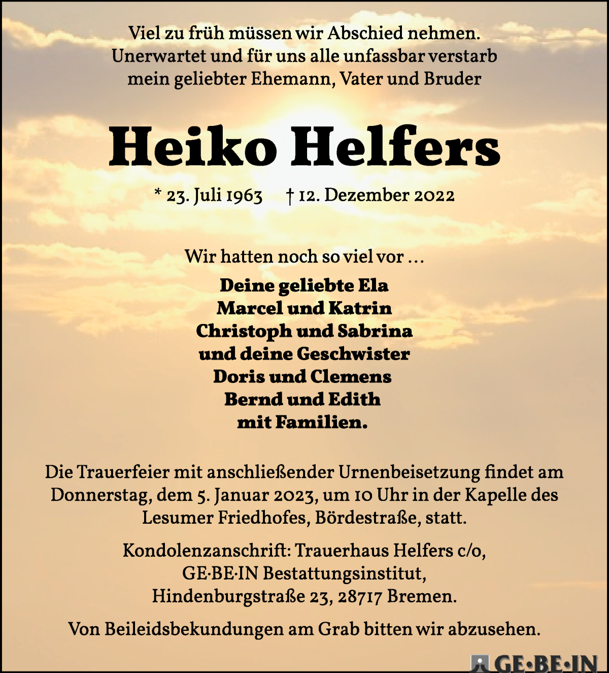  Traueranzeige für Heiko Helfers vom 17.12.2022 aus Die Norddeutsche