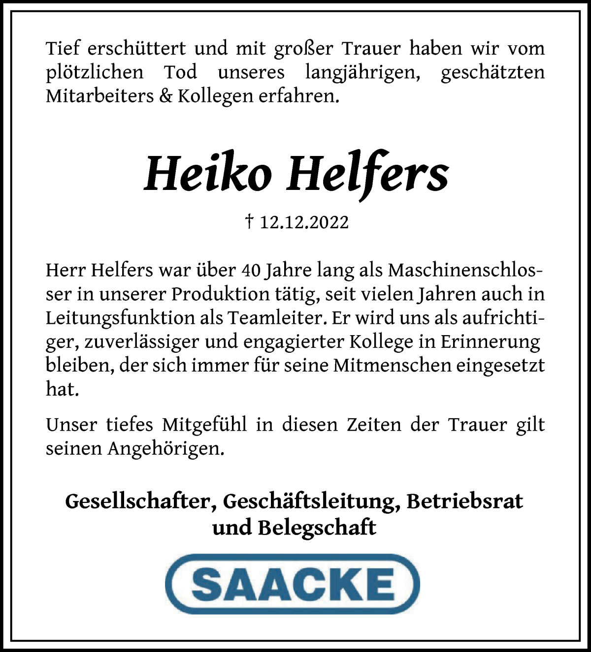 Traueranzeige für Heiko Helfers vom 19.12.2022 aus Die Norddeutsche