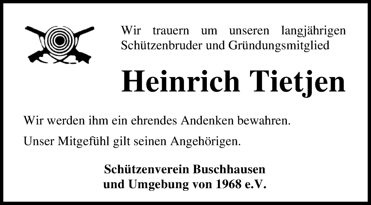 Traueranzeige von Heinrich Tietjen von Osterholzer Kreisblatt