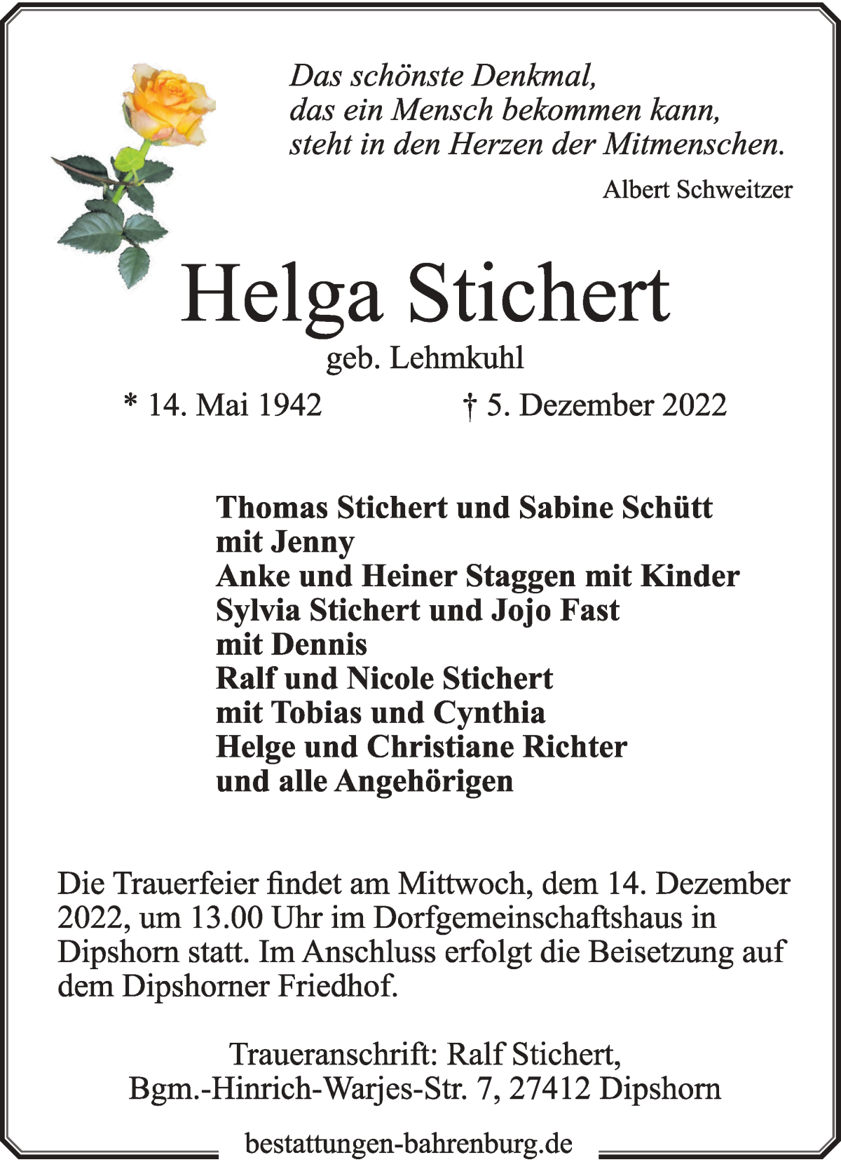  Traueranzeige für Helga Stichert vom 08.12.2022 aus WESER-KURIER