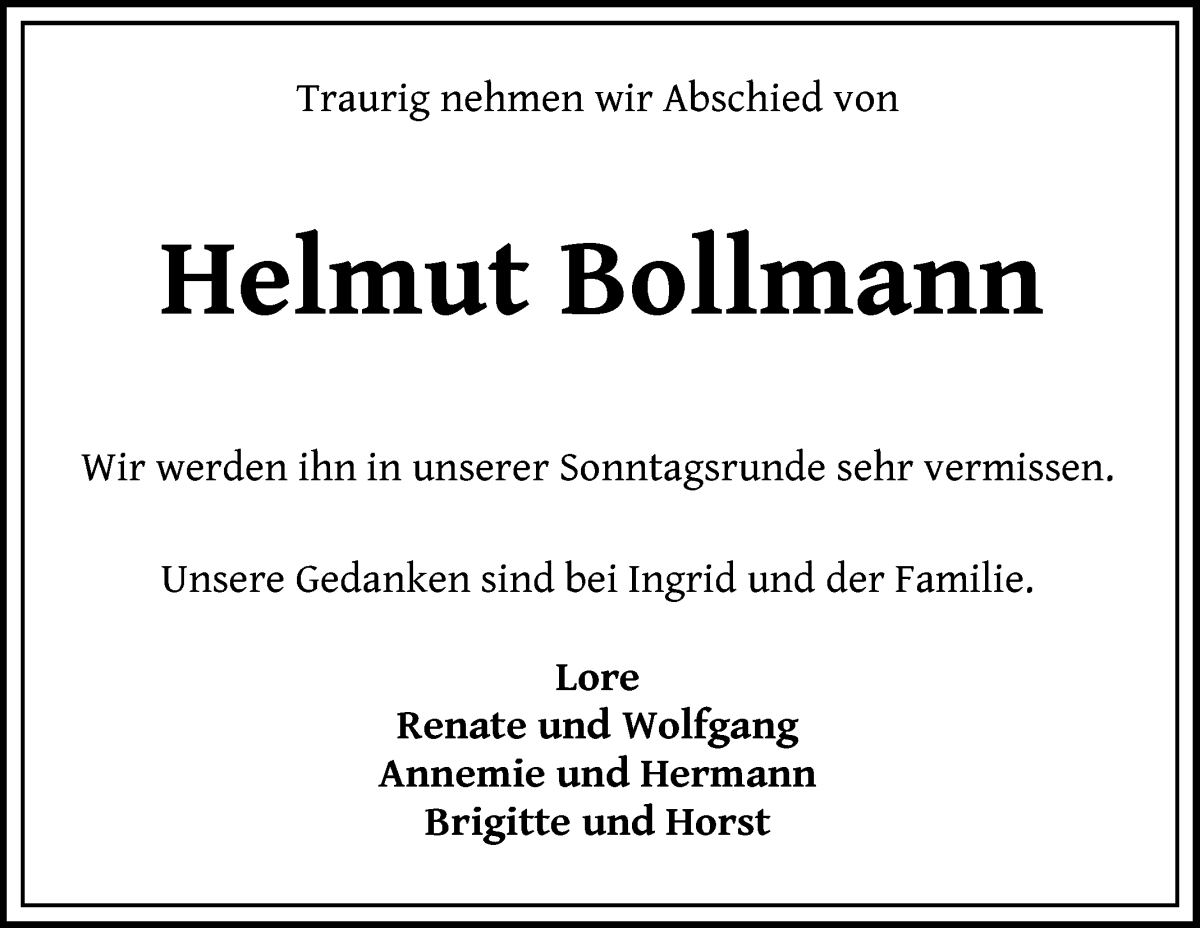 Traueranzeige von Helmut Bollmann von Wuemme Zeitung