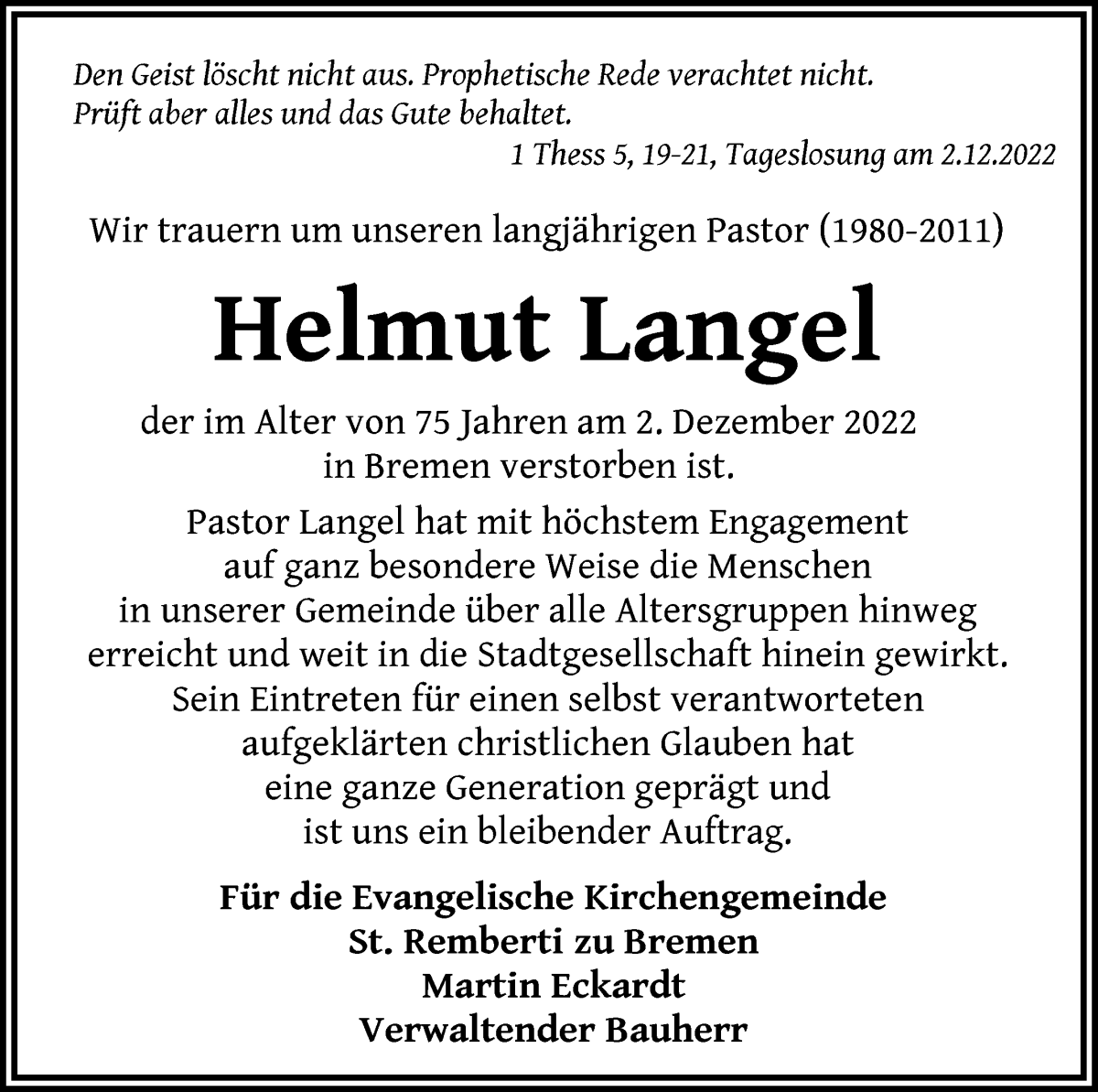 Traueranzeige von Helmut Langel von WESER-KURIER