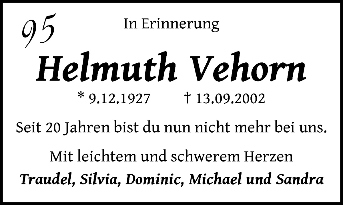 Traueranzeige von Helmuth Vehorn von WESER-KURIER