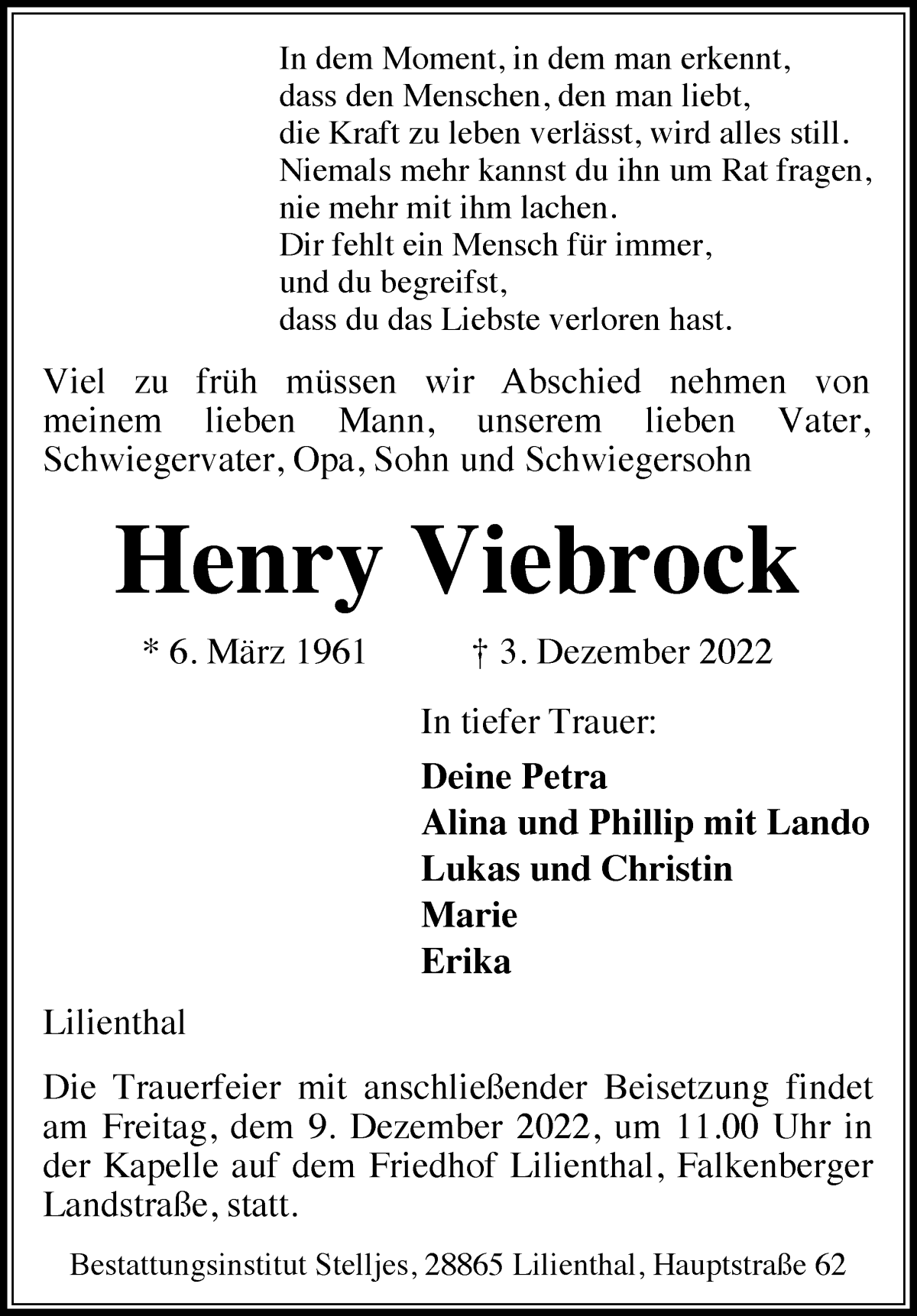  Traueranzeige für Henry Viebrock vom 06.12.2022 aus Wuemme Zeitung