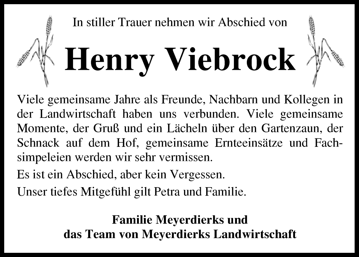  Traueranzeige für Henry Viebrock vom 07.12.2022 aus Wuemme Zeitung