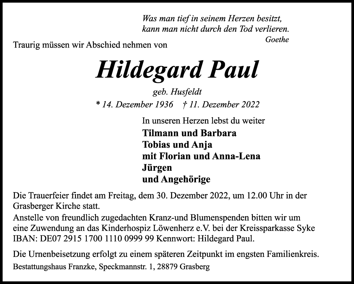  Traueranzeige für Hildegard Paul vom 17.12.2022 aus Wuemme Zeitung