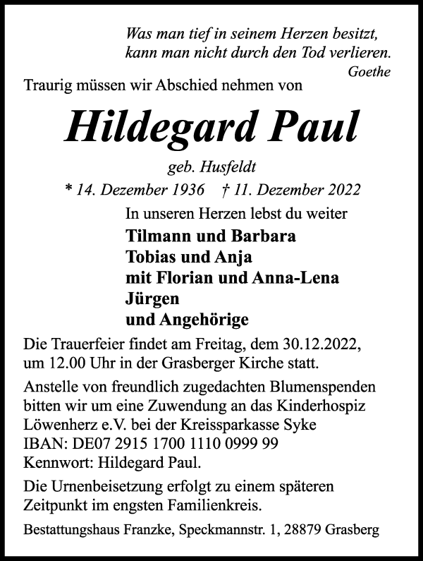 Traueranzeige von Hildegard Paul von WESER-KURIER
