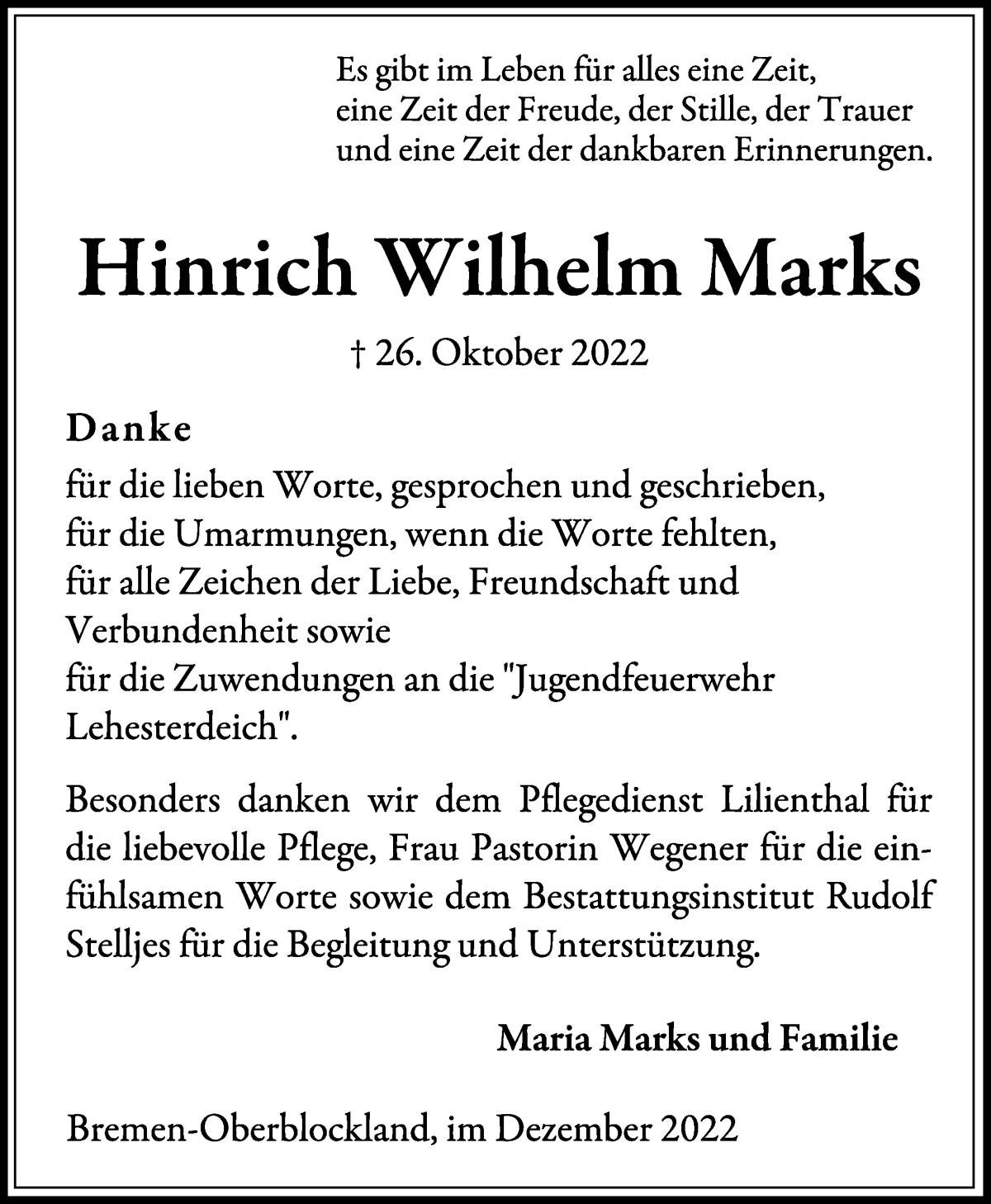 Traueranzeige von Hinrich Wilhelm Marks von Wuemme Zeitung
