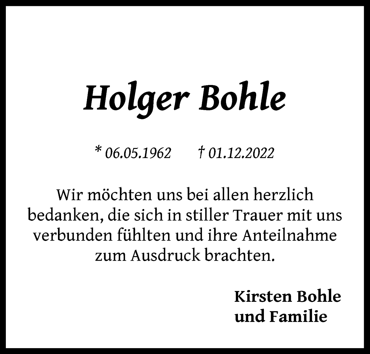  Traueranzeige für Holger Bohle vom 31.12.2022 aus Die Norddeutsche