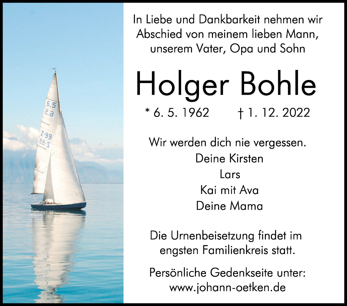  Traueranzeige für Holger Bohle vom 06.12.2022 aus Die Norddeutsche