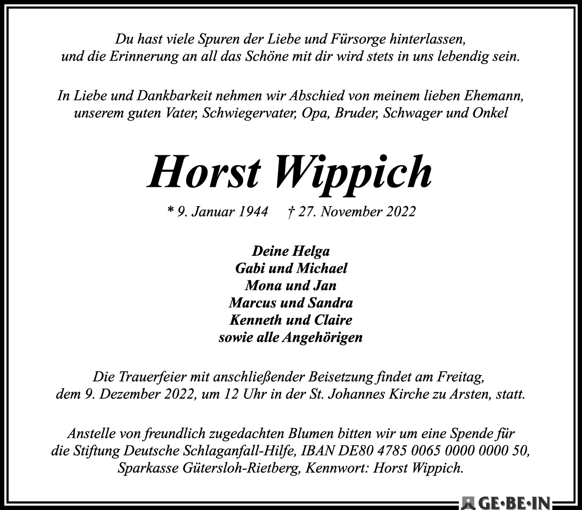  Traueranzeige für Horst Wippich vom 03.12.2022 aus WESER-KURIER