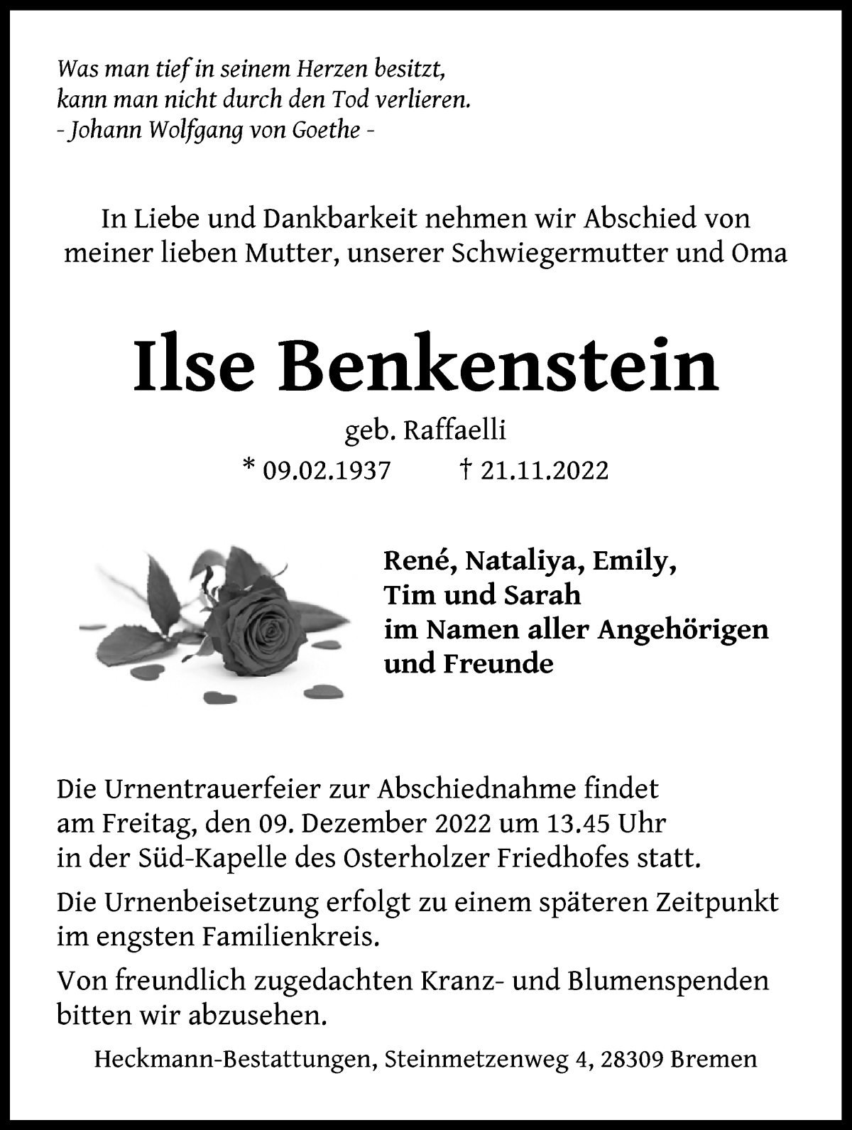  Traueranzeige für Ilse Benkenstein vom 03.12.2022 aus WESER-KURIER