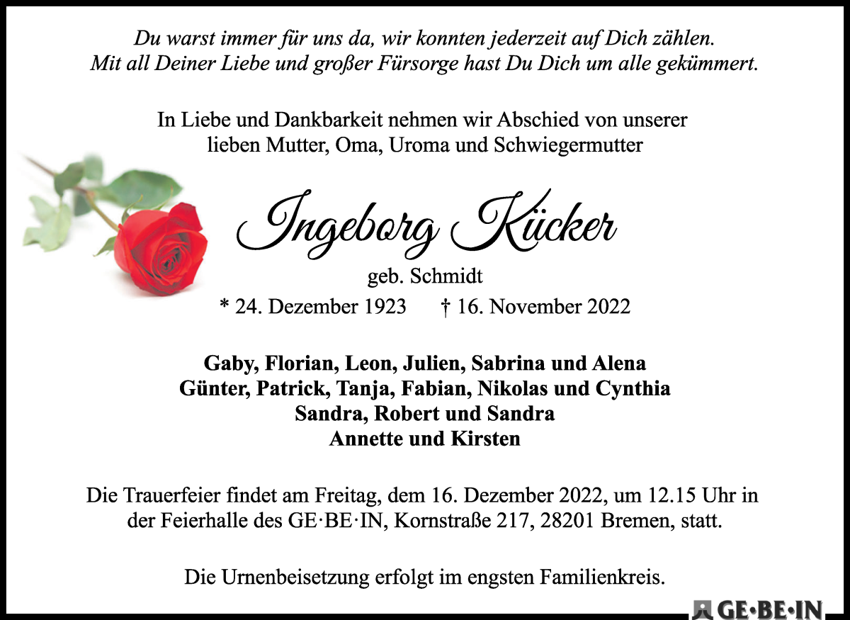  Traueranzeige für Ingeborg Kücker vom 03.12.2022 aus WESER-KURIER