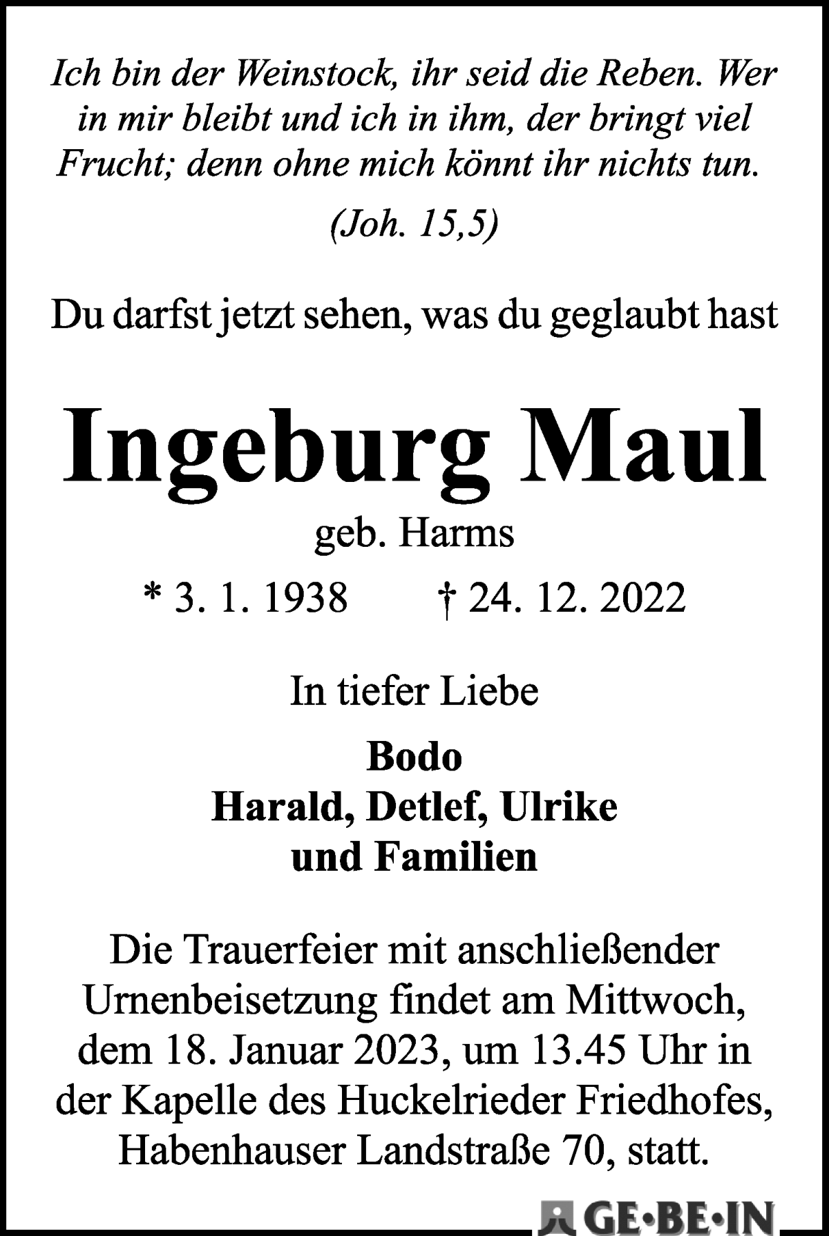  Traueranzeige für Ingeburg Maul vom 31.12.2022 aus WESER-KURIER