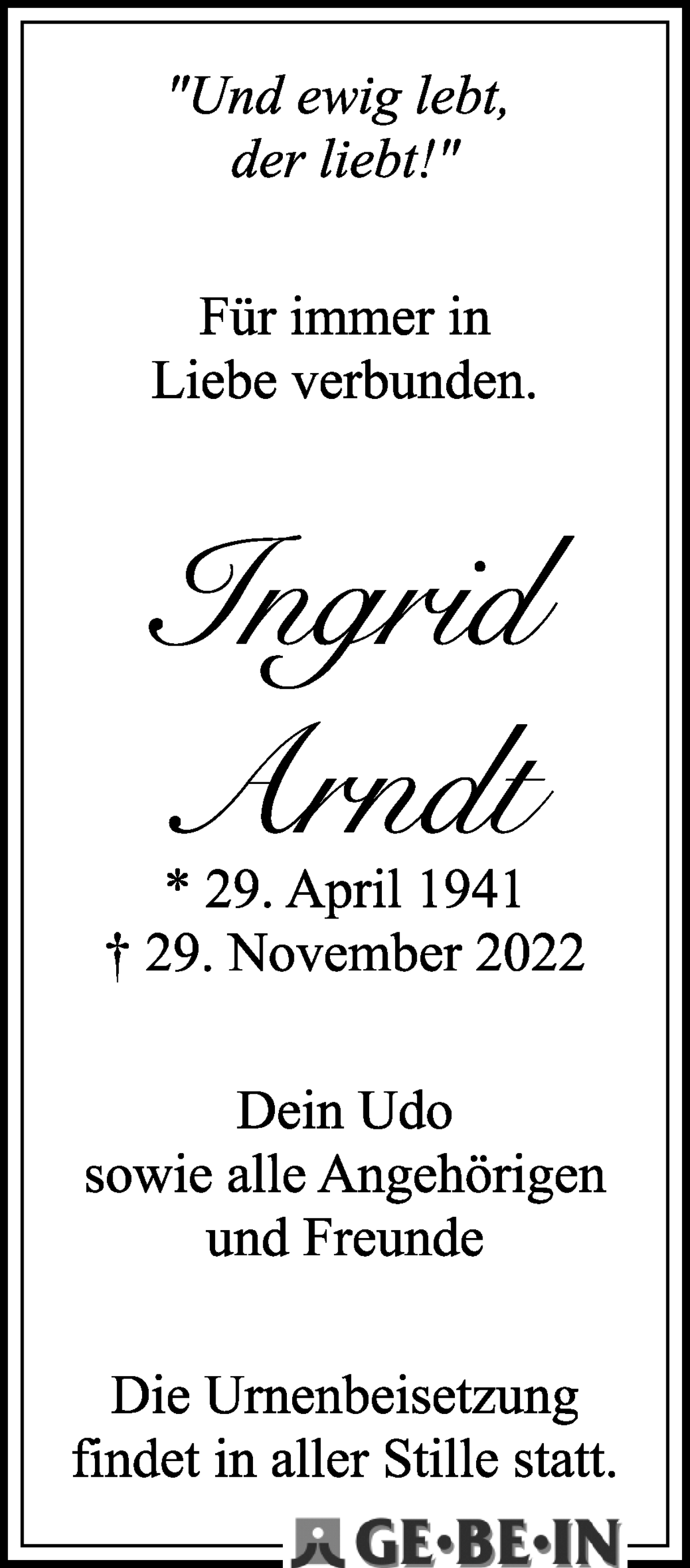  Traueranzeige für Ingrid Arndt vom 03.12.2022 aus WESER-KURIER