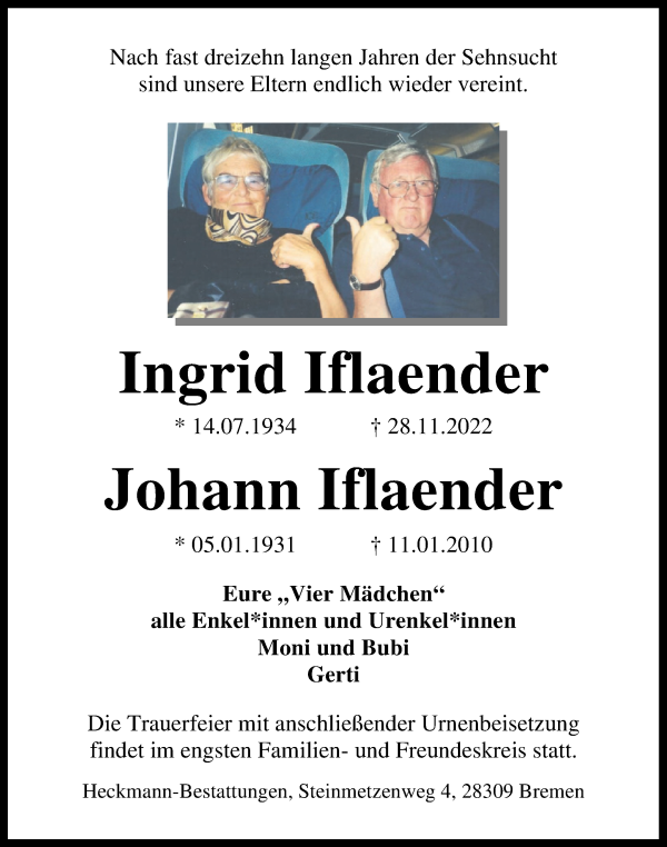 Traueranzeige von Ingrid und Johann Iflaender