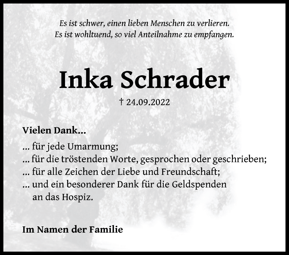 Traueranzeige von Inka Schrader von Die Norddeutsche