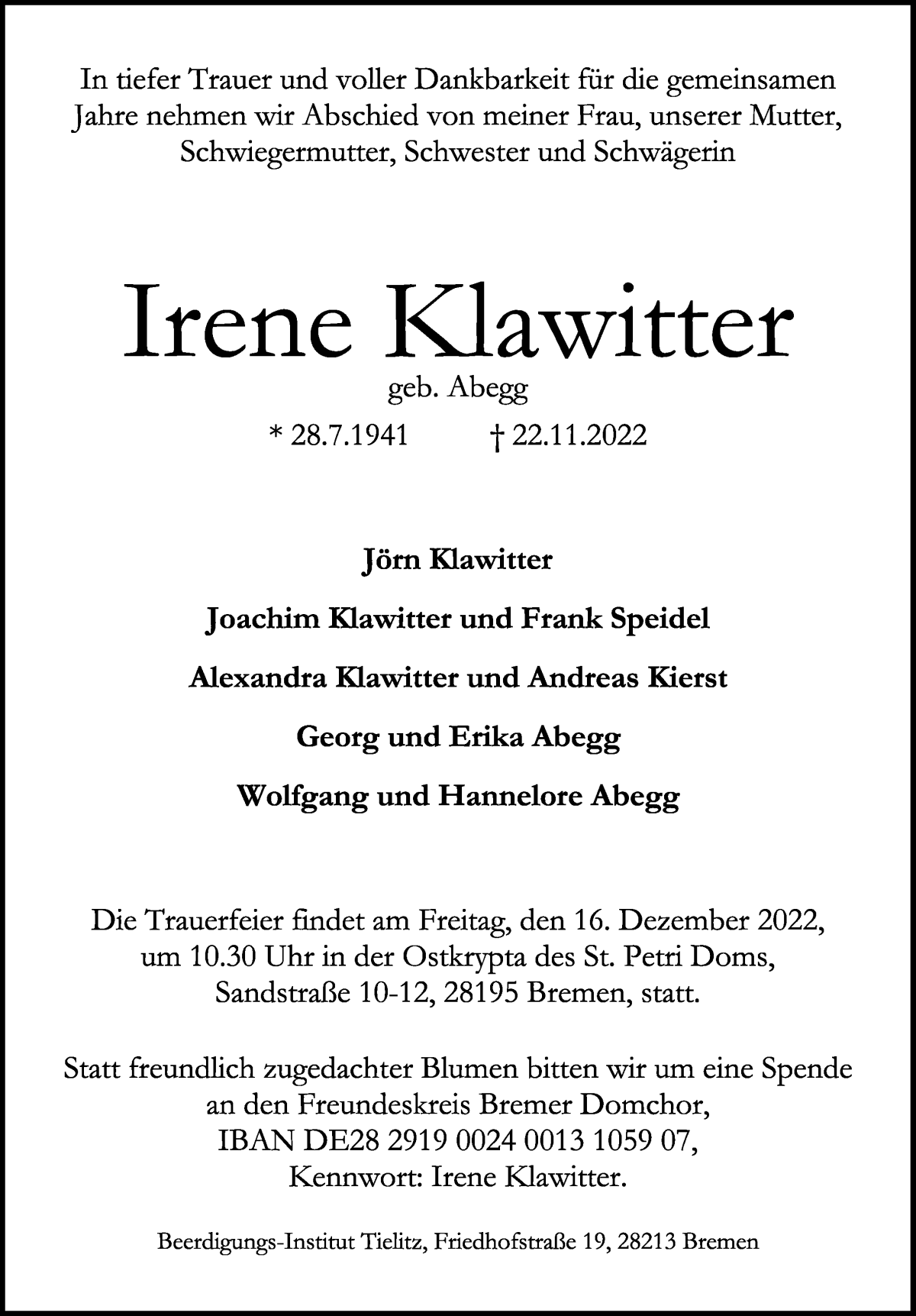  Traueranzeige für Irene Klawitter vom 03.12.2022 aus WESER-KURIER