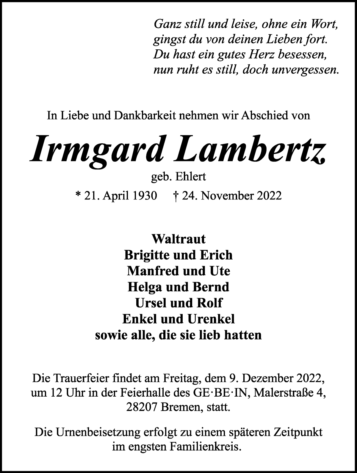  Traueranzeige für Irmgard Lambertz vom 03.12.2022 aus WESER-KURIER