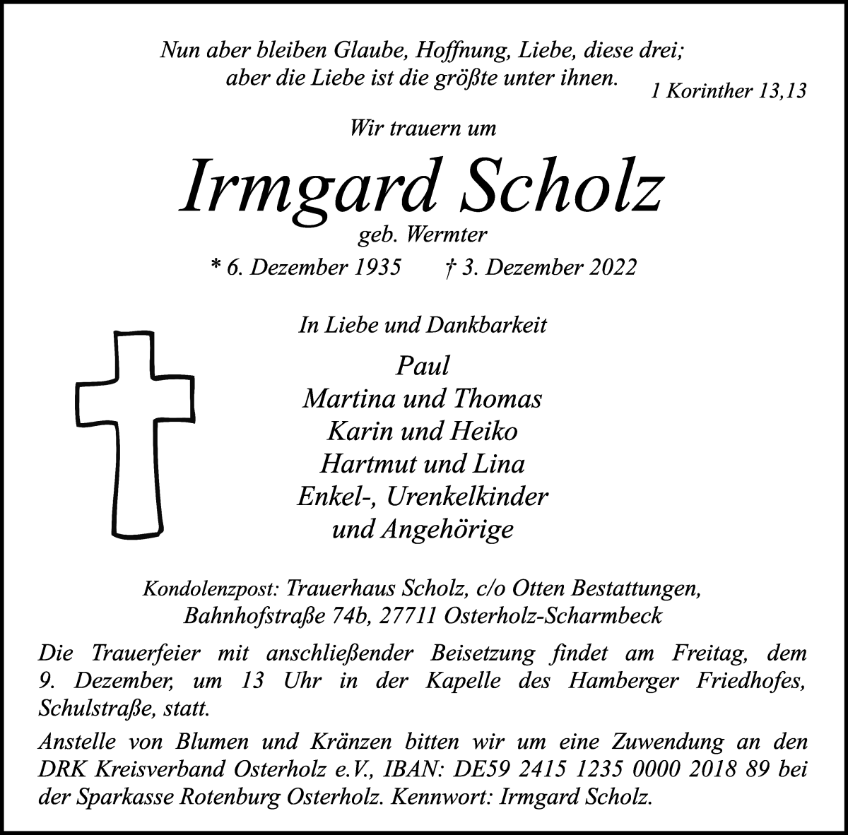  Traueranzeige für Irmgard Scholz vom 08.12.2022 aus Osterholzer Kreisblatt