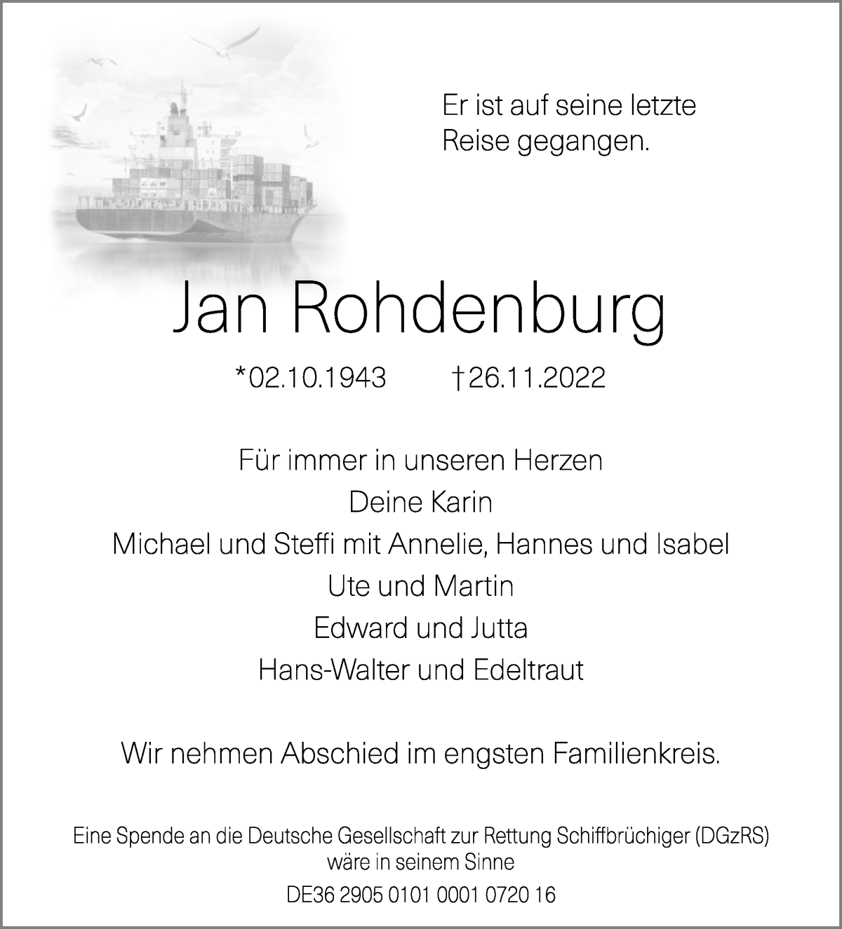 Traueranzeige von Jan Rohdenburg von WESER-KURIER