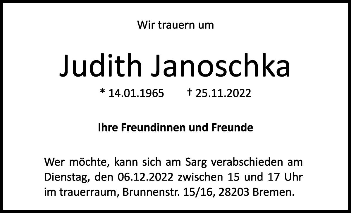  Traueranzeige für Judith Janoschka vom 03.12.2022 aus WESER-KURIER