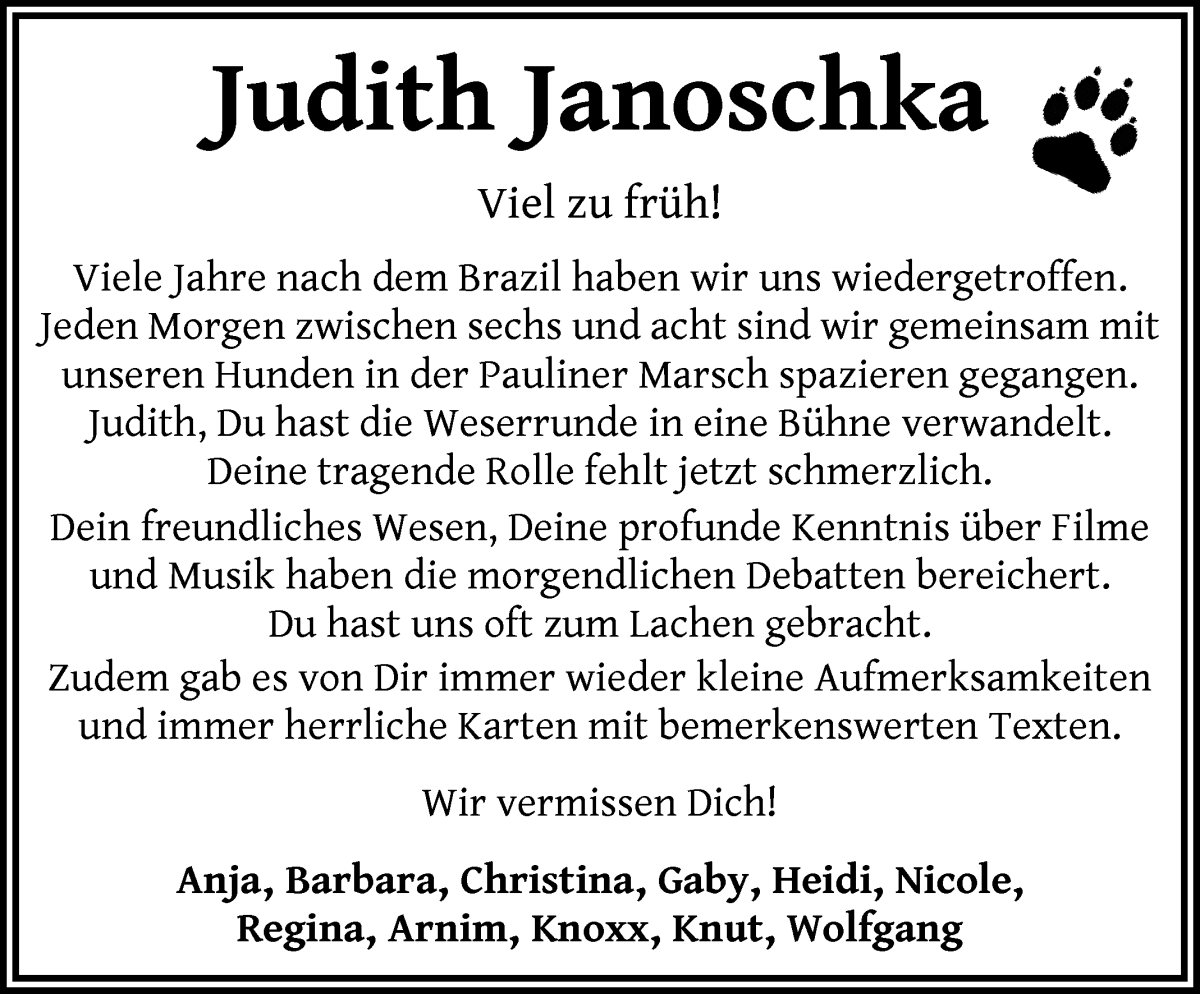  Traueranzeige für Judith Janoschka vom 06.12.2022 aus WESER-KURIER