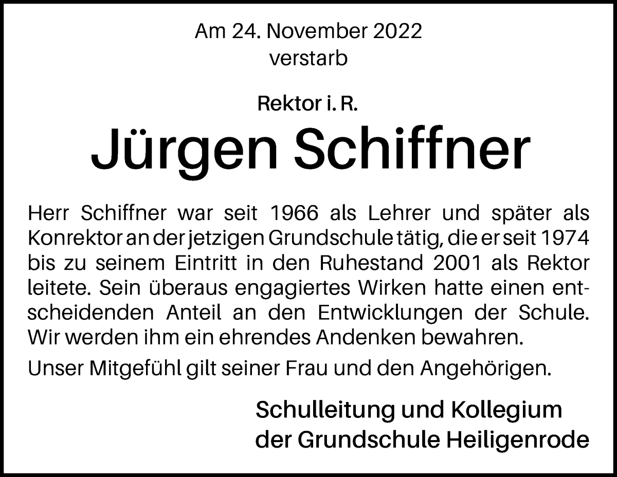 Traueranzeige von Jürgen Schiffner von Regionale Rundschau/Syker Kurier