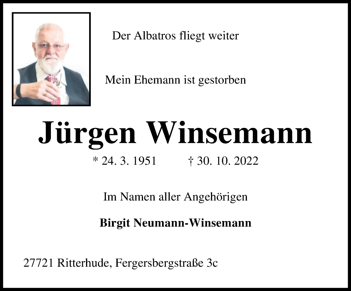 Traueranzeige von Jürgen Winsemann von WESER-KURIER