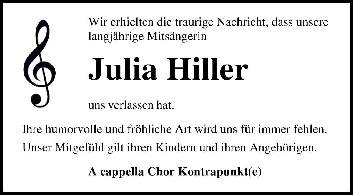 Traueranzeige von Julia Hiller von Osterholzer Kreisblatt