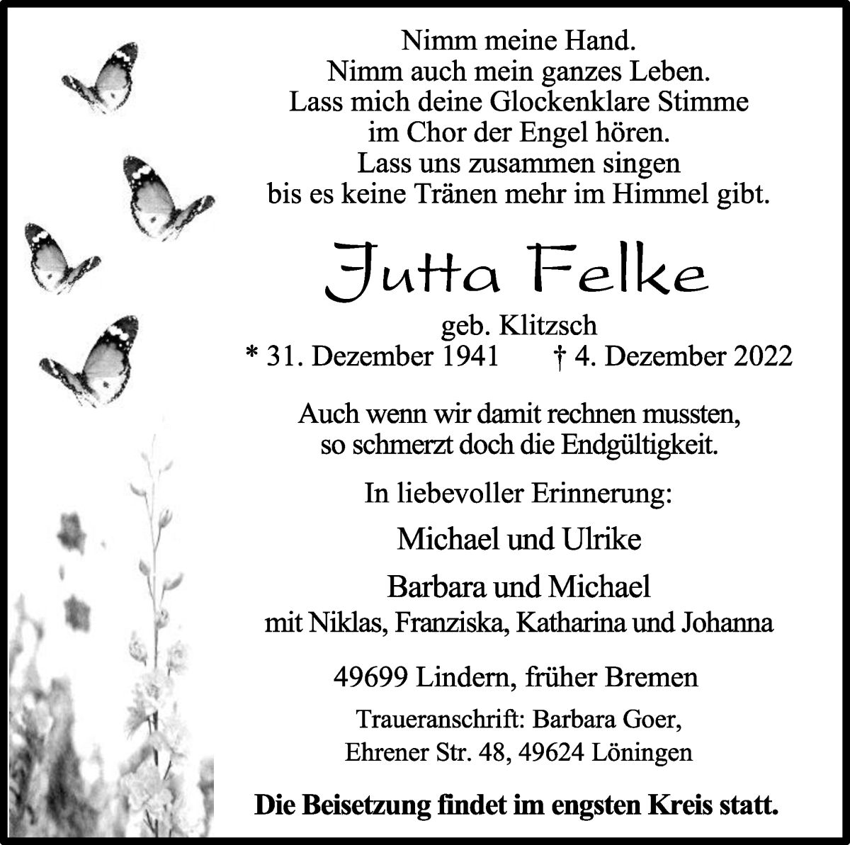  Traueranzeige für Jutta Felke vom 09.12.2022 aus WESER-KURIER