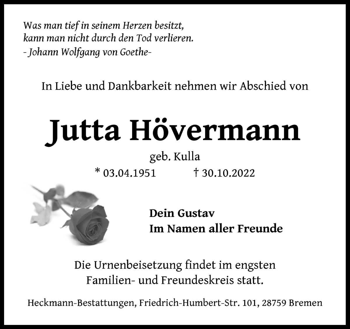  Traueranzeige für Jutta Hövermann vom 17.12.2022 aus Die Norddeutsche