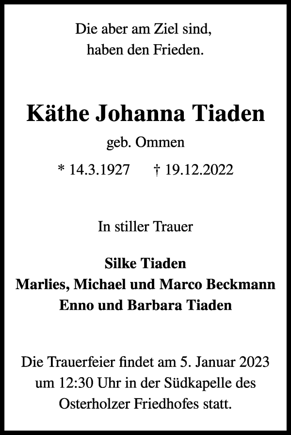 Traueranzeige von Käthe Johanna Tiaden von WESER-KURIER