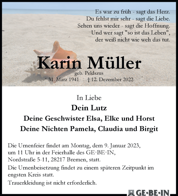 Traueranzeige von Karin Müller von WESER-KURIER