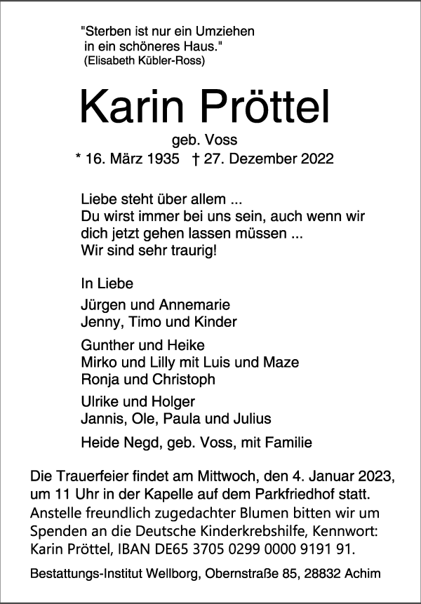Traueranzeige von Karin Pröttel von Achimer Kurier/Verdener Nachrichten
