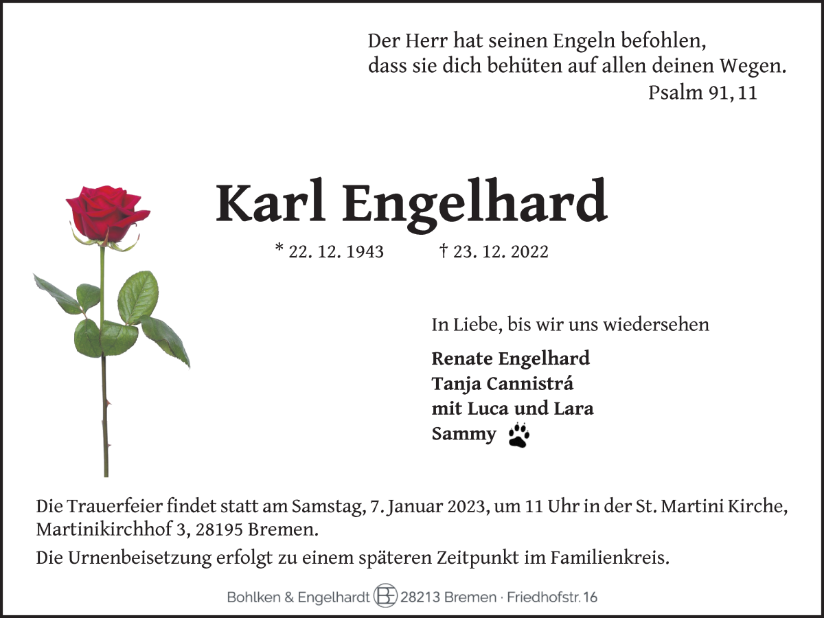  Traueranzeige für Karl Engelhard vom 31.12.2022 aus WESER-KURIER