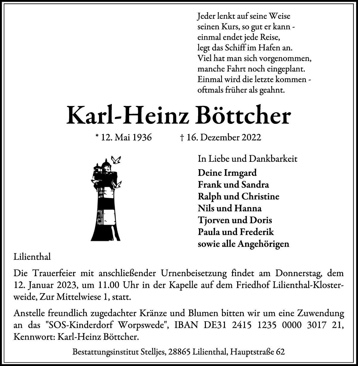 Traueranzeige von Karl-Heinz Böttcher von Wuemme Zeitung