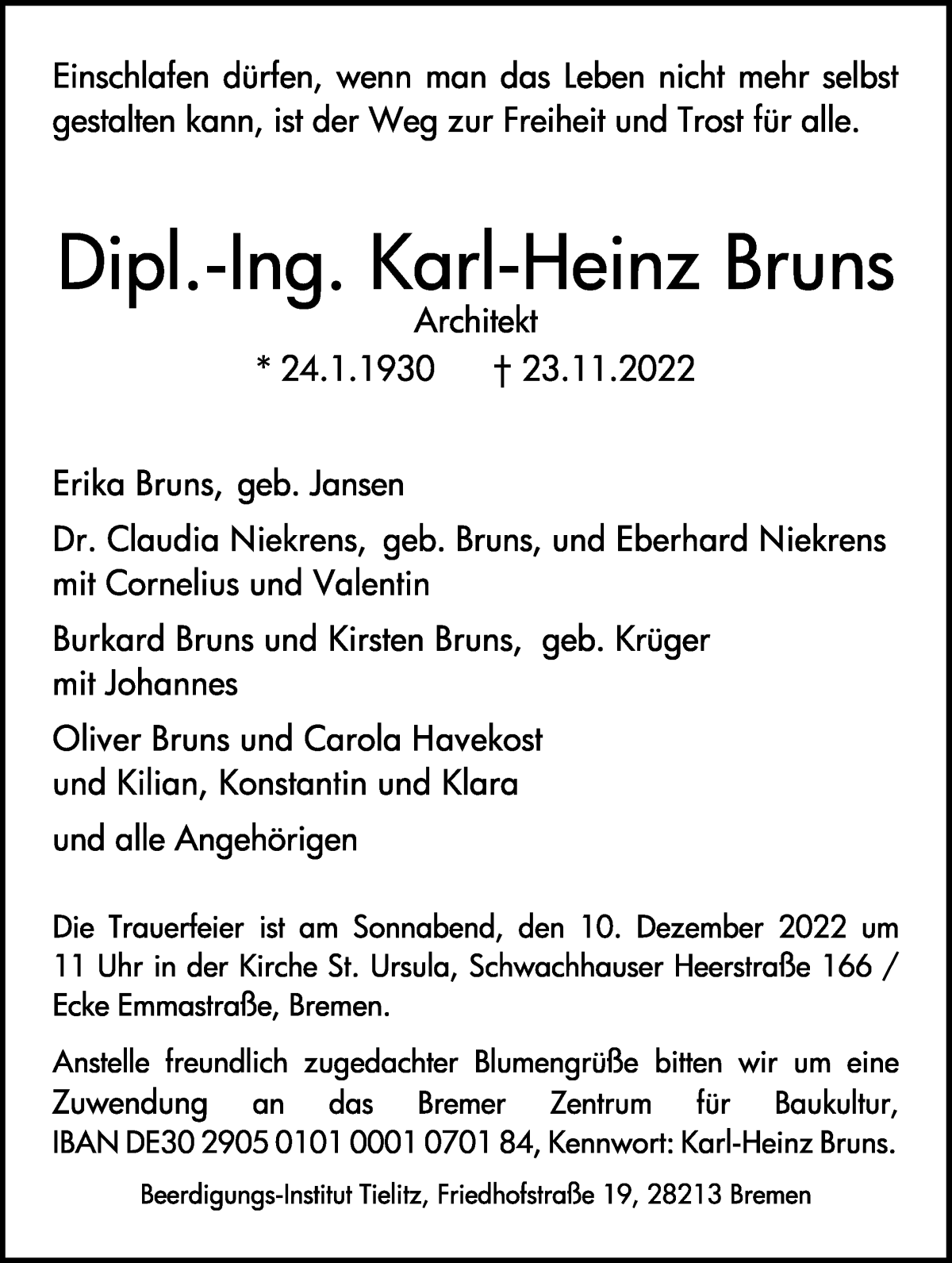  Traueranzeige für Karl-Heinz Bruns vom 03.12.2022 aus WESER-KURIER