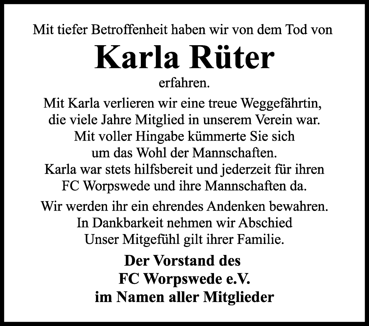  Traueranzeige für Karla Rüter vom 22.12.2022 aus Wuemme Zeitung