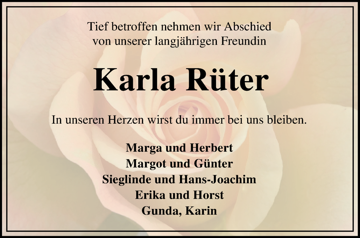  Traueranzeige für Karla Rüter vom 19.12.2022 aus Wuemme Zeitung