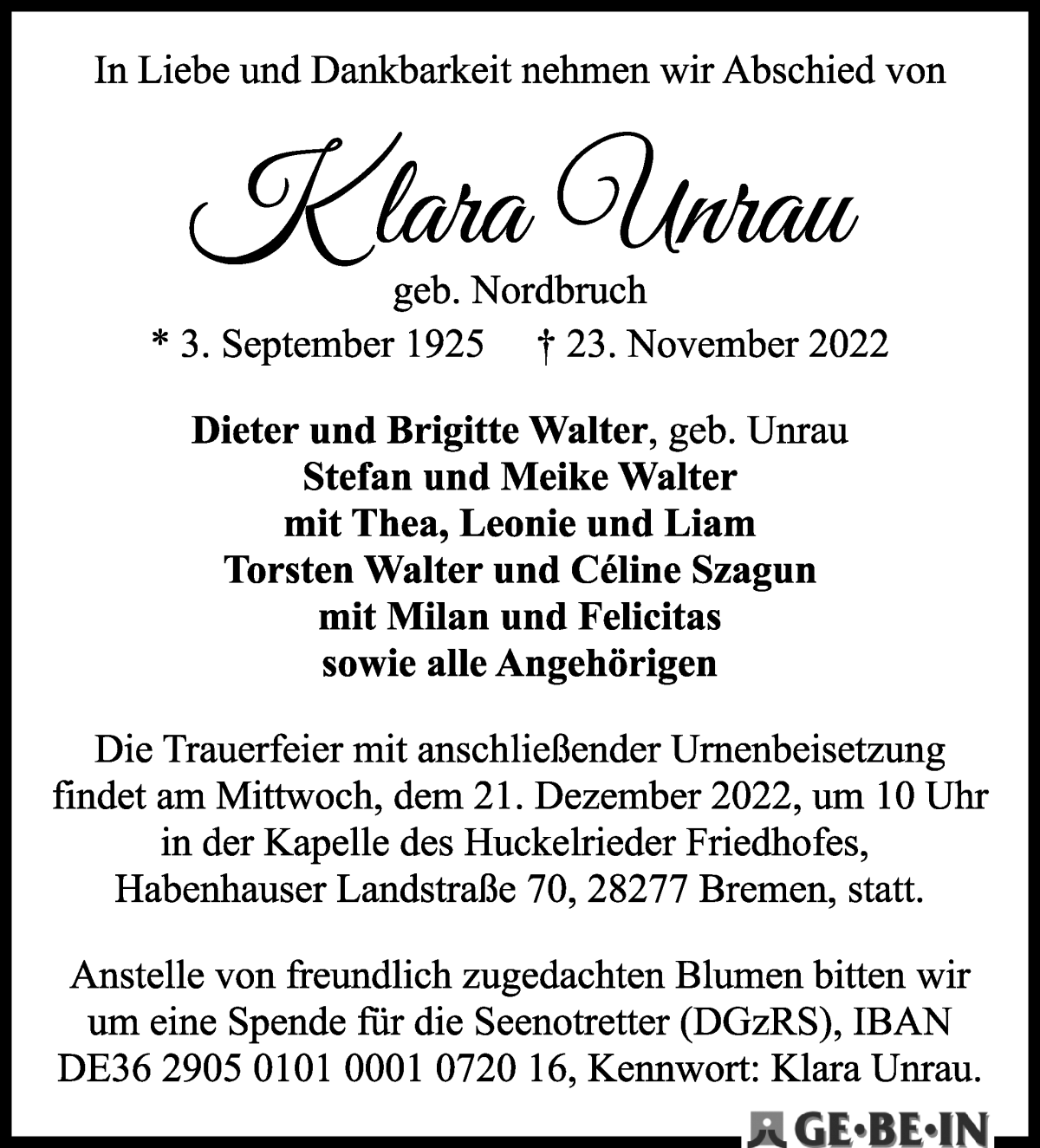  Traueranzeige für Klara Unrau vom 03.12.2022 aus WESER-KURIER