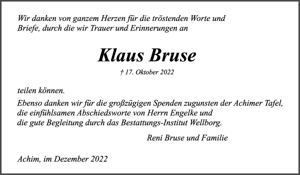 Traueranzeige von Klaus Bruse