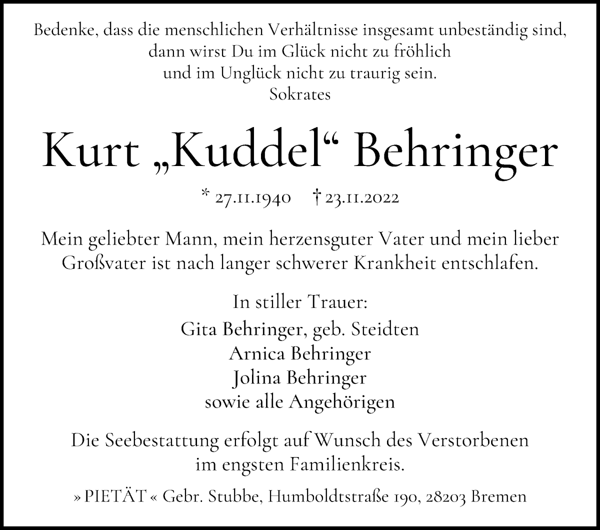 Traueranzeige von Kurt Kuddel Behringer von WESER-KURIER