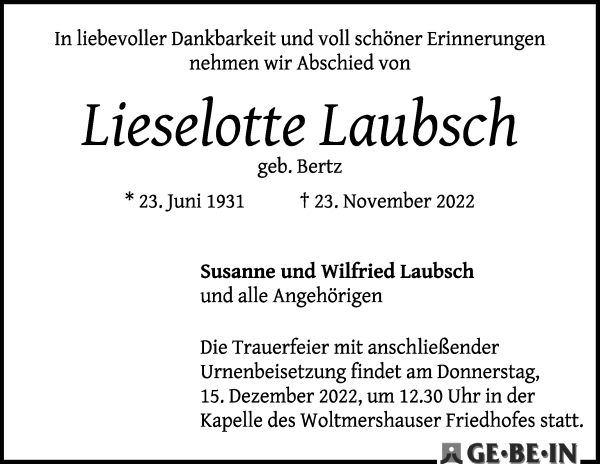 Traueranzeige von Lieselotte Laubsch von WESER-KURIER