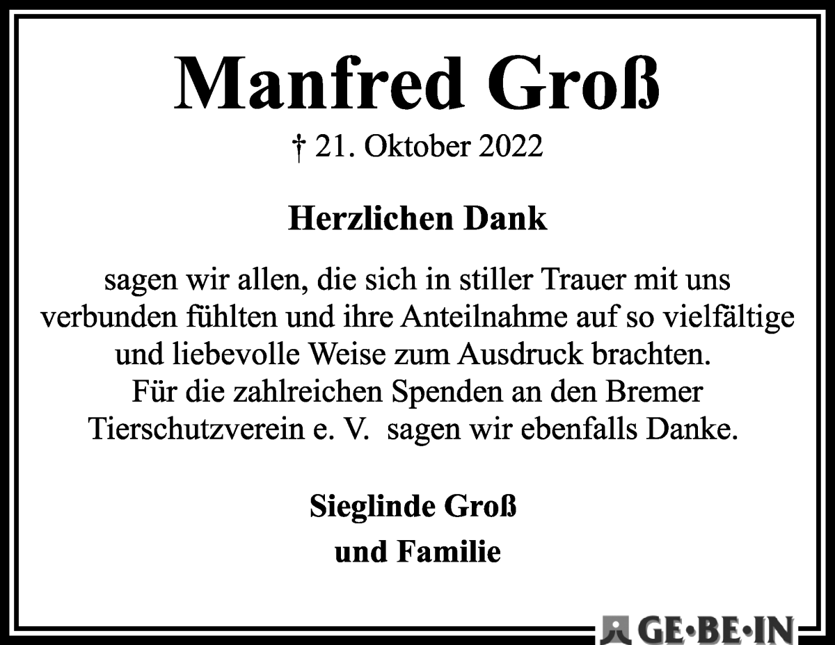  Traueranzeige für Manfred Groß vom 03.12.2022 aus WESER-KURIER