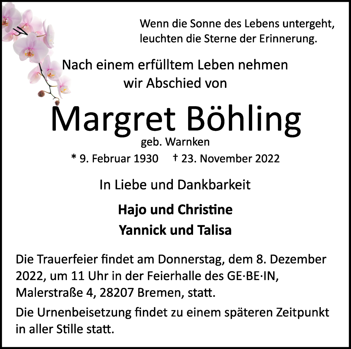 Traueranzeige von Margret Böhling von WESER-KURIER