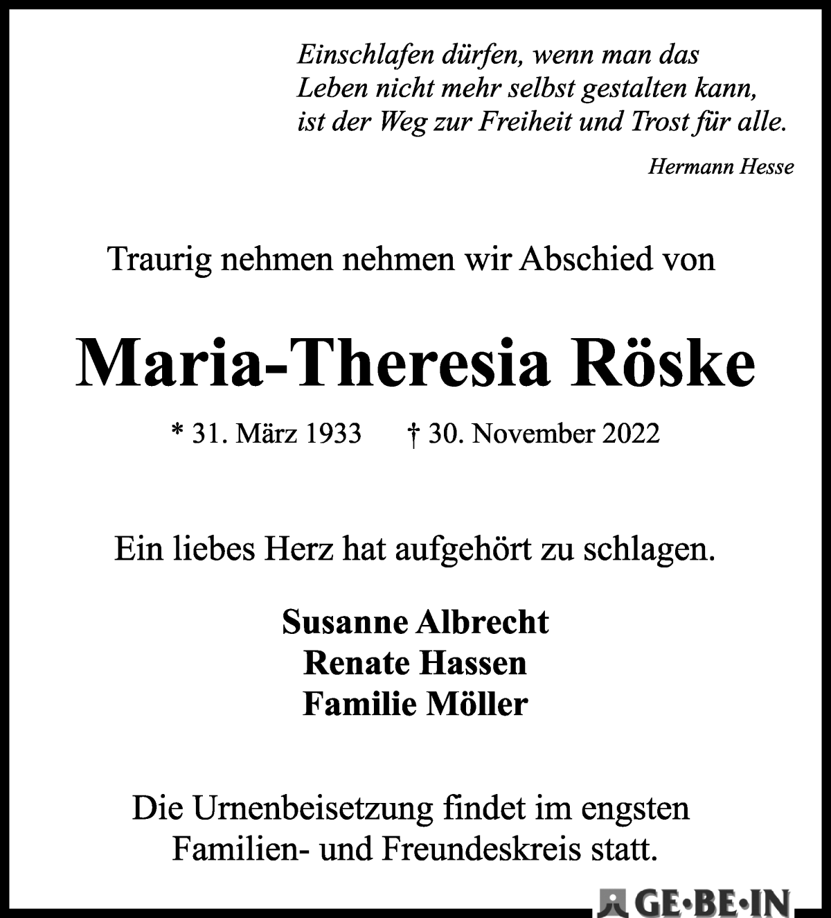 Traueranzeige von Maria-Theresia Röske von WESER-KURIER