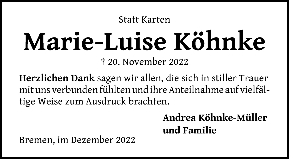 Traueranzeige von Marie-Luise Köhnke von Die Norddeutsche