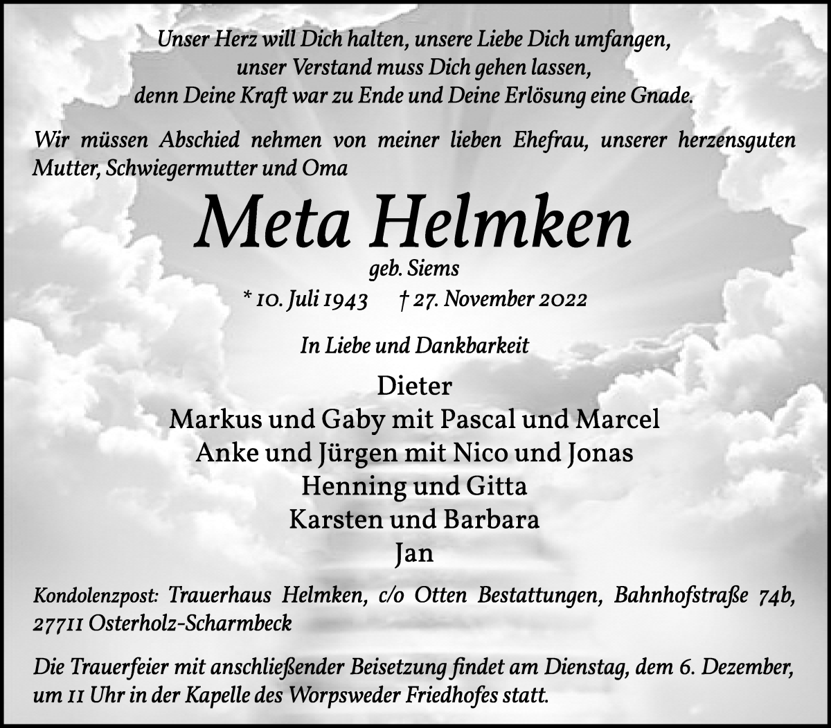  Traueranzeige für Meta Helmken vom 02.12.2022 aus Wuemme Zeitung